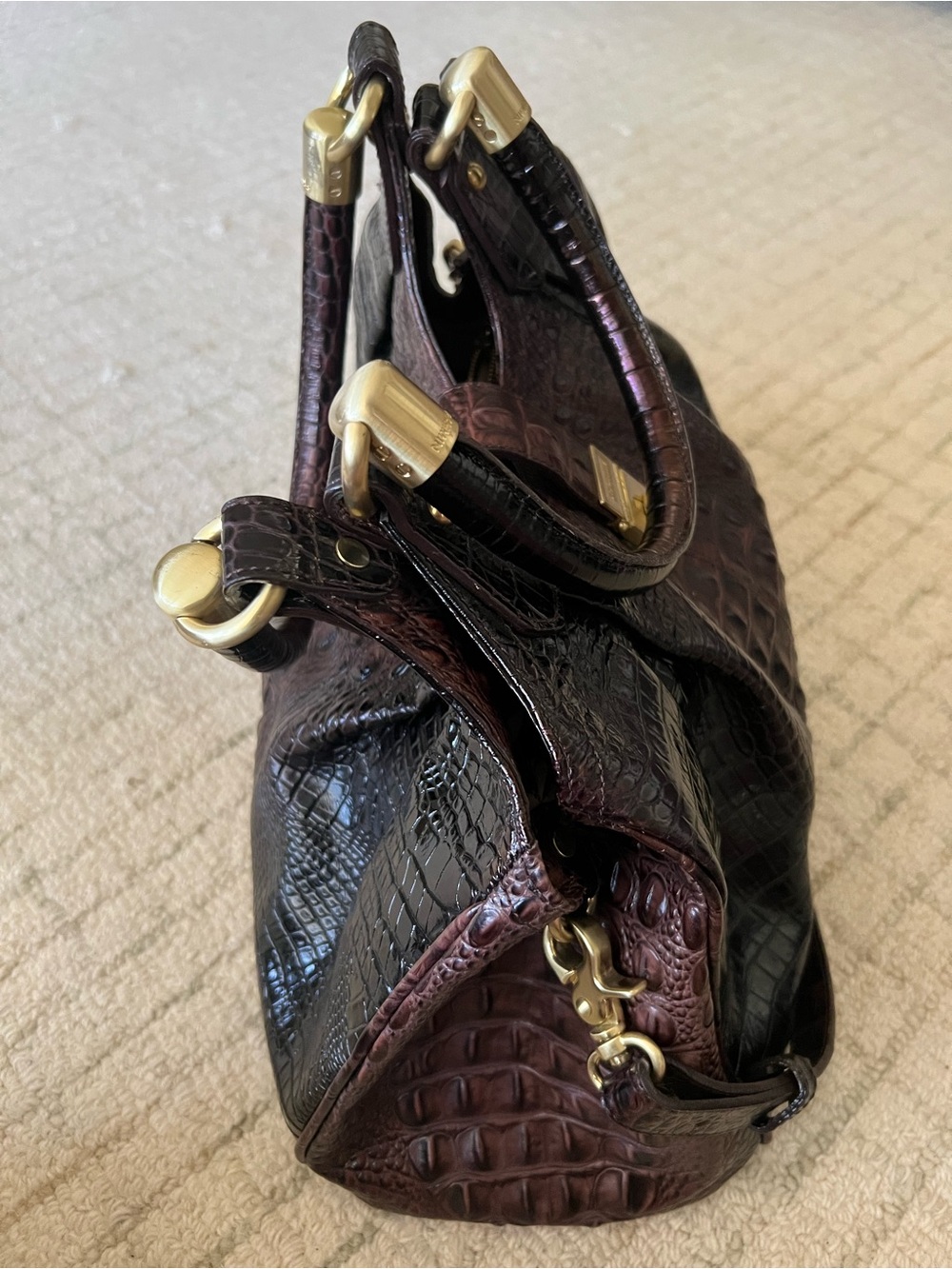 Brahmin Elisa Satchel Bordeaux Melbourne Embossed Croc Leather Bag Brown Gold - Picture 5 of 9